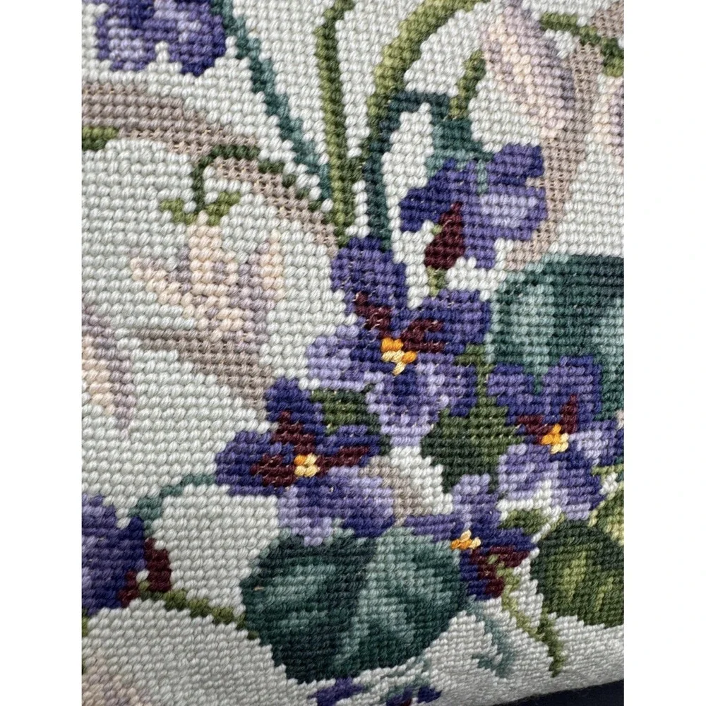 Vintage Down Filled Cross Stitch Throw Pillow With Pansies Cottage 12